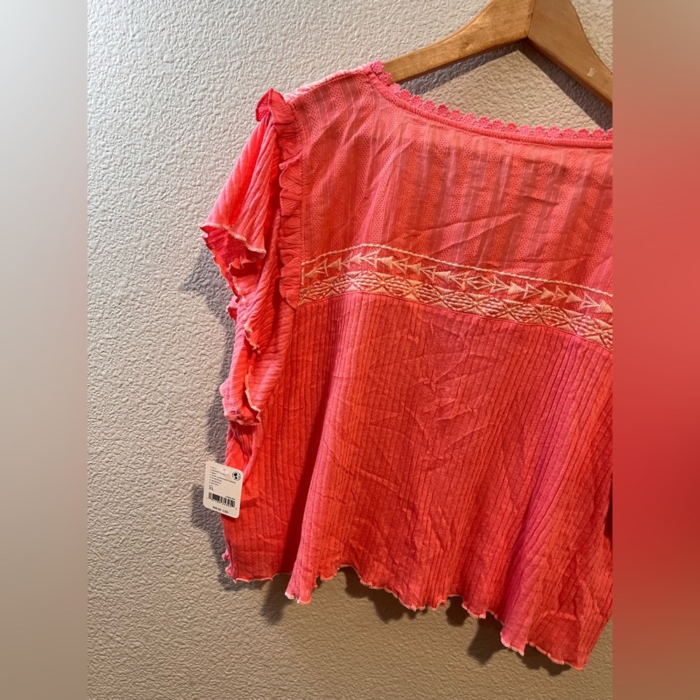 Free People Sarafina Top Boho Cottage Core Embroidered Flutter Crop Pink XL - Picture 11 of 15
